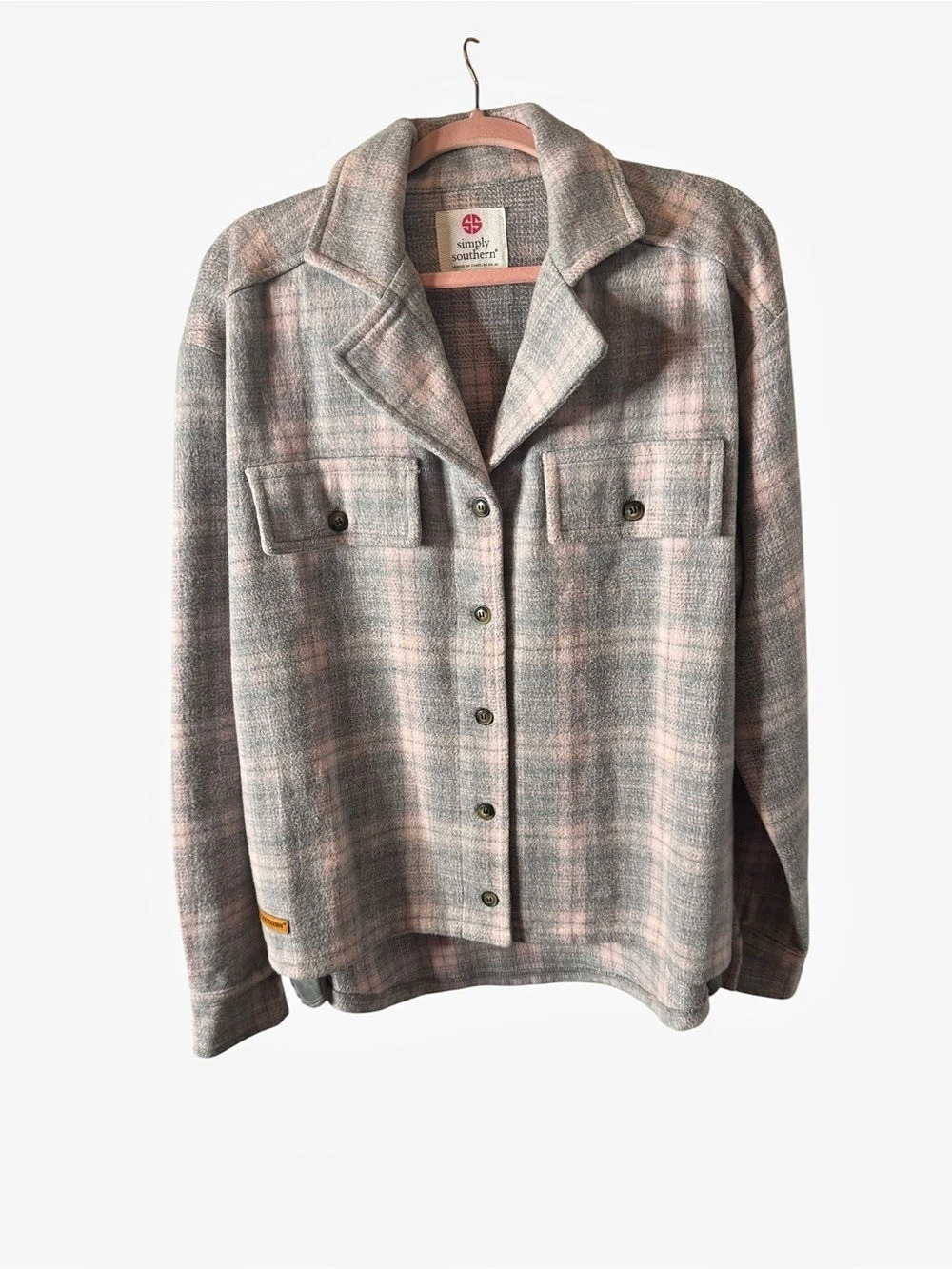 Simply Southern Plaid Shirt Jacket in Gray & Pink Size Large